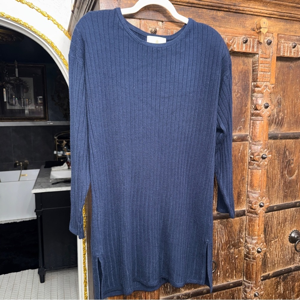 Vintage Express Tricot Ribbed Knit Tunic Sweater Navy Blue Luxury Small